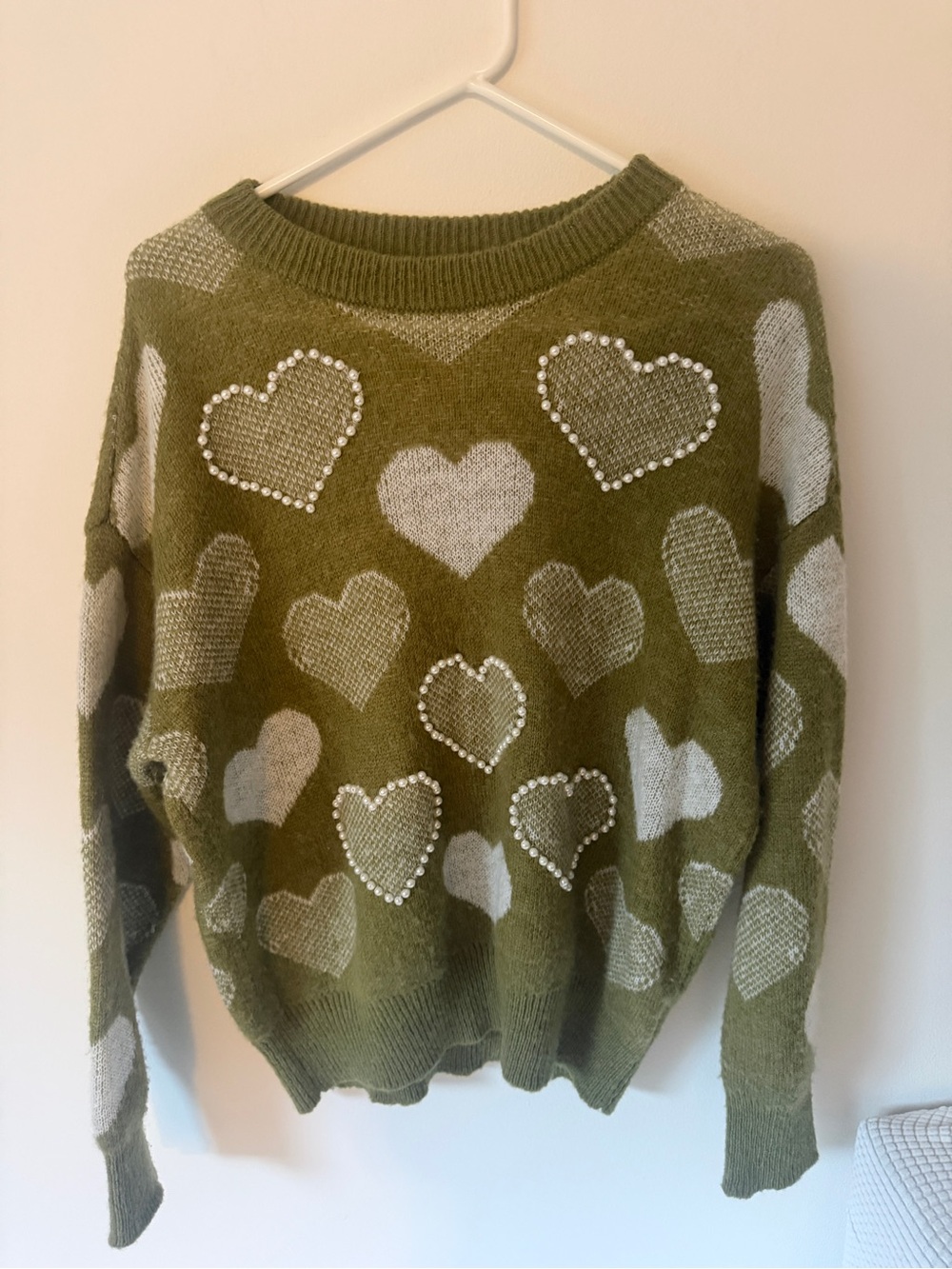 Pearl-Embellished Olive Heart Crewneck Sweater